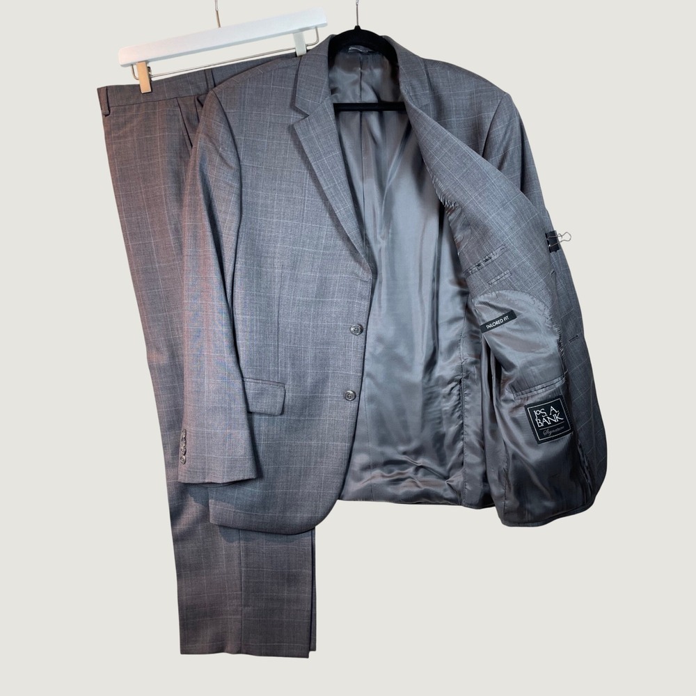 Jos A Bank Signature Suit 44R 38W Grey Glen Plaid  100% Wool Tailored Fit